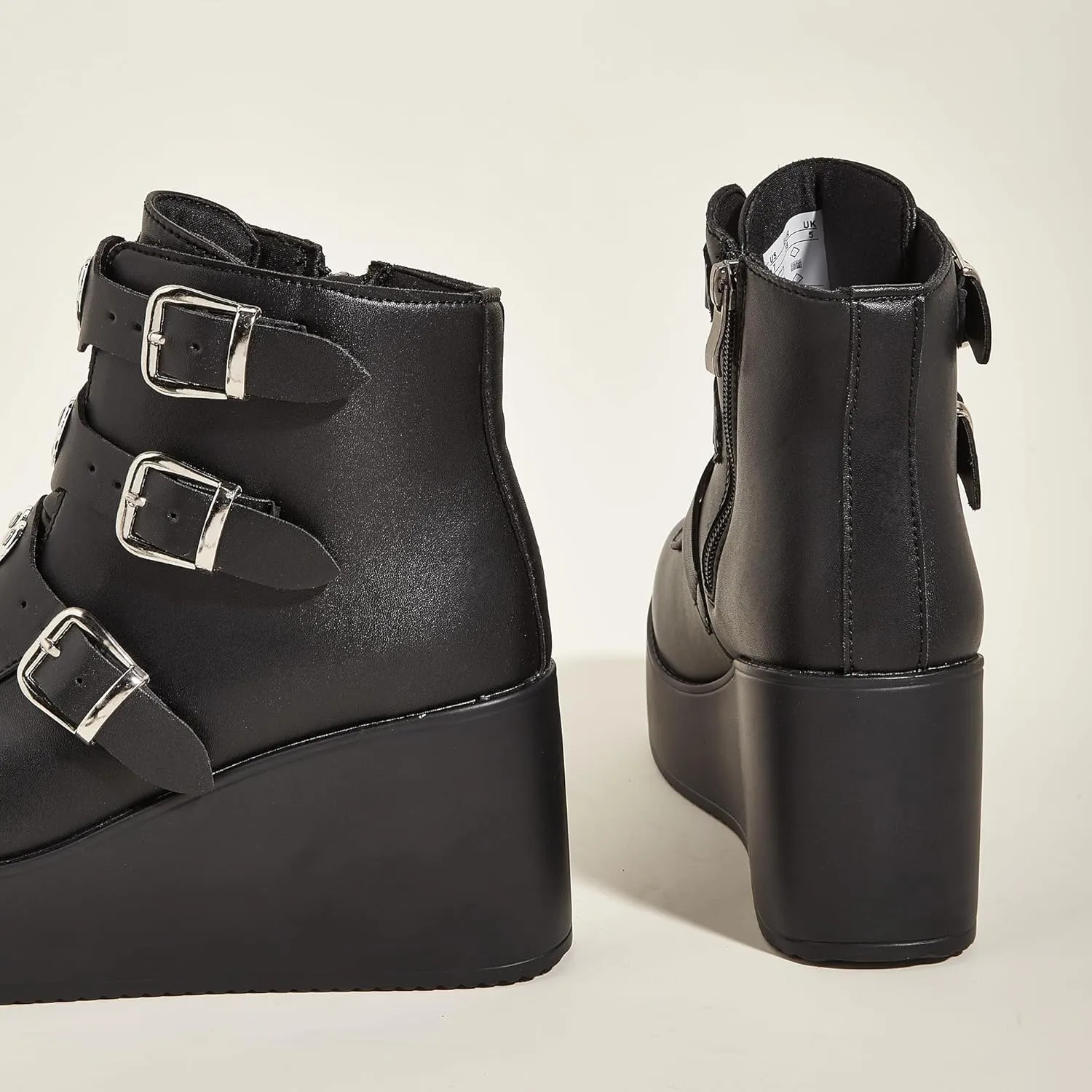 LUCKY STEP Women Platform Chunky Ankle Boots - Round Toe Zipper Wedges High Heels Rave Buckle Thick Sole Goth Booties
