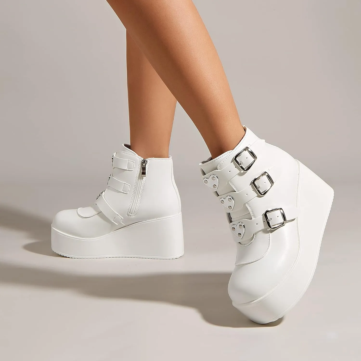 LUCKY STEP Women Platform Chunky Ankle Boots - Round Toe Zipper Wedges High Heels Rave Buckle Thick Sole Goth Booties