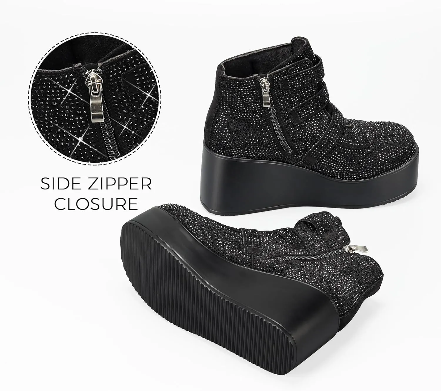 LUCKY STEP Women Platform Chunky Ankle Boots - Round Toe Zipper Wedges High Heels Rave Buckle Thick Sole Goth Booties
