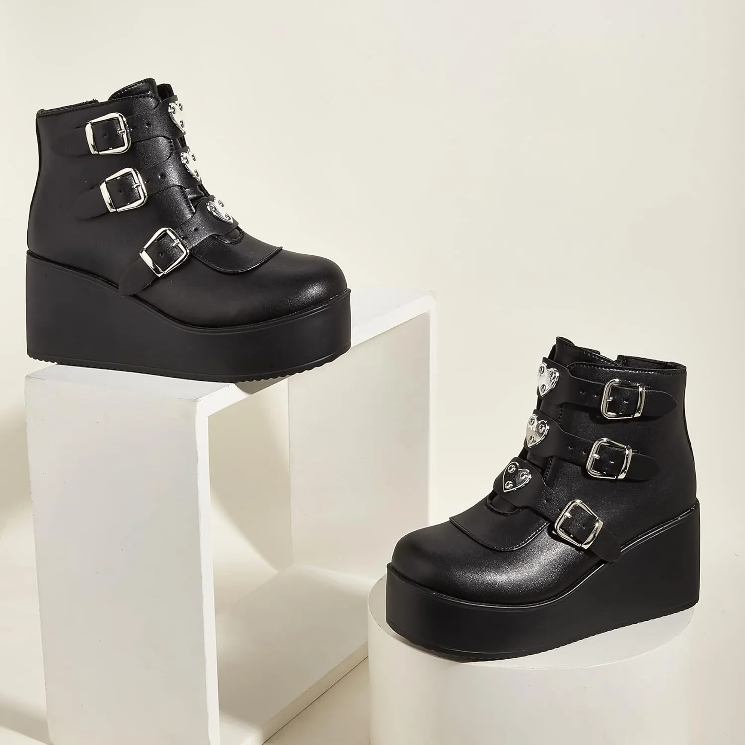 LUCKY STEP Women Platform Chunky Ankle Boots - Round Toe Zipper Wedges High Heels Rave Buckle Thick Sole Goth Booties