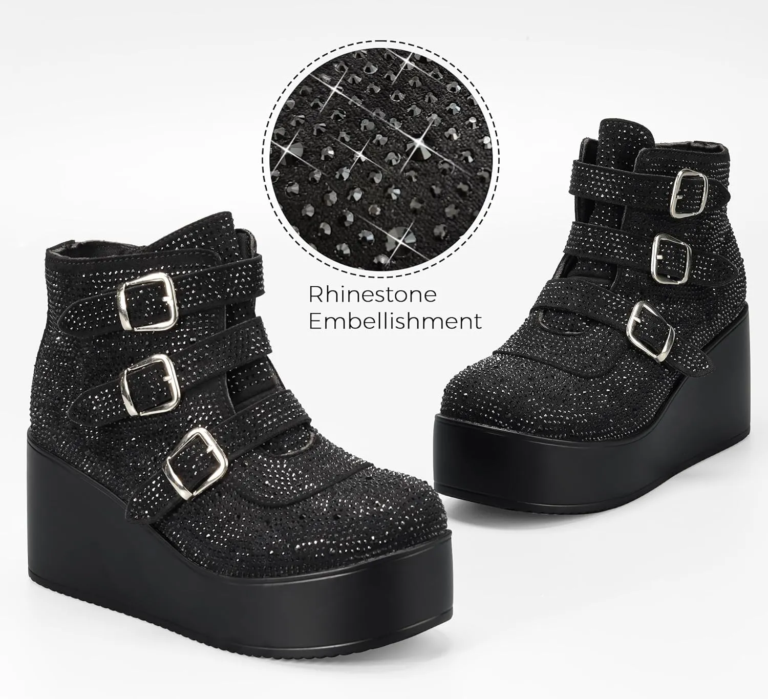 LUCKY STEP Women Platform Chunky Ankle Boots - Round Toe Zipper Wedges High Heels Rave Buckle Thick Sole Goth Booties