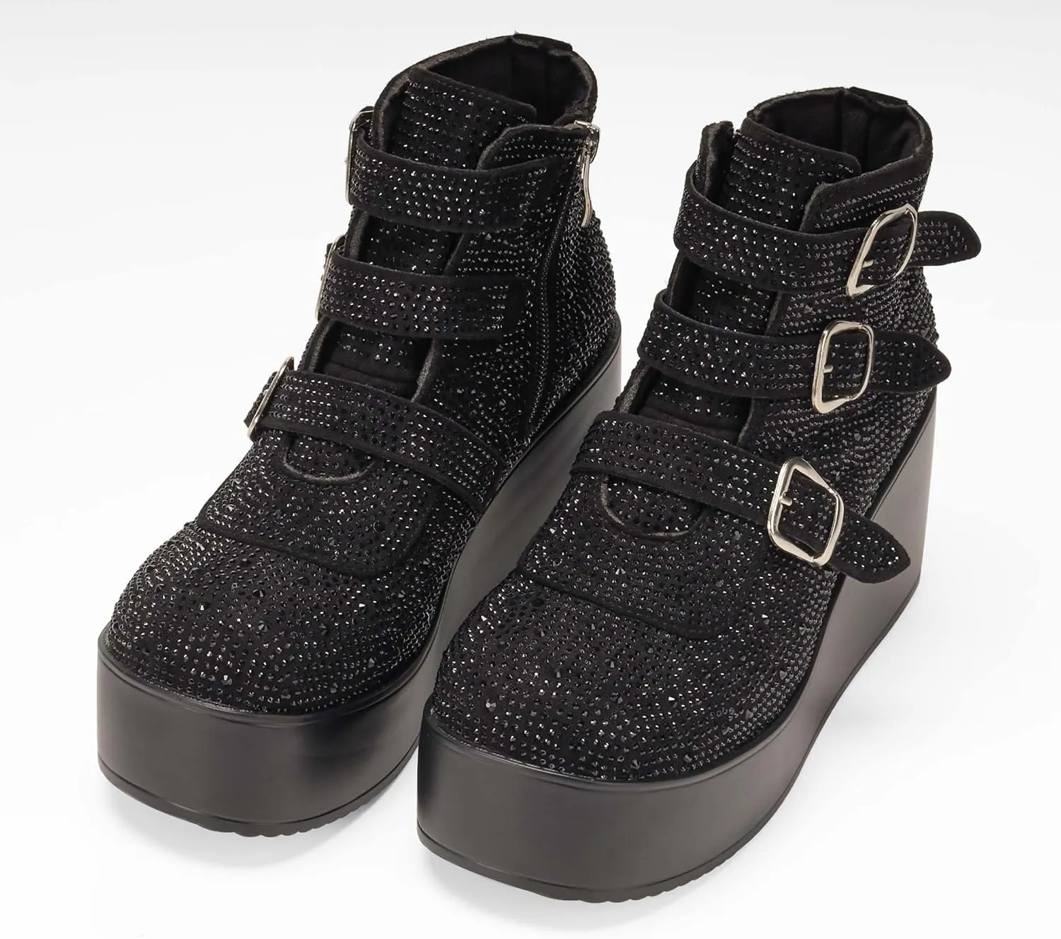 LUCKY STEP Women Platform Chunky Ankle Boots - Round Toe Zipper Wedges High Heels Rave Buckle Thick Sole Goth Booties