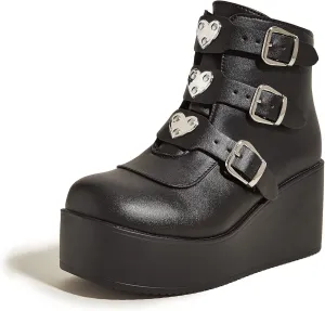 LUCKY STEP Women Platform Chunky Ankle Boots - Round Toe Zipper Wedges High Heels Rave Buckle Thick Sole Goth Booties