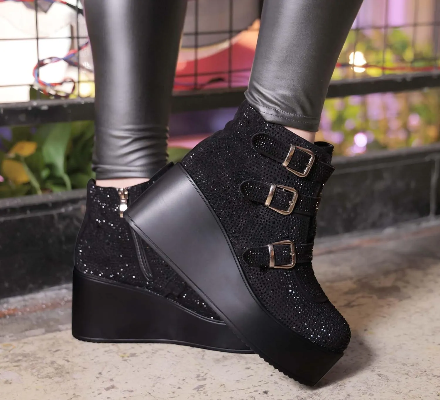 LUCKY STEP Women Platform Chunky Ankle Boots - Round Toe Zipper Wedges High Heels Rave Buckle Thick Sole Goth Booties