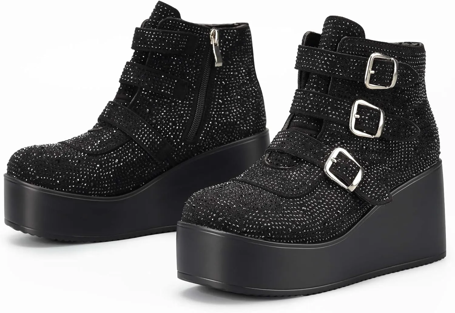 LUCKY STEP Women Platform Chunky Ankle Boots - Round Toe Zipper Wedges High Heels Rave Buckle Thick Sole Goth Booties