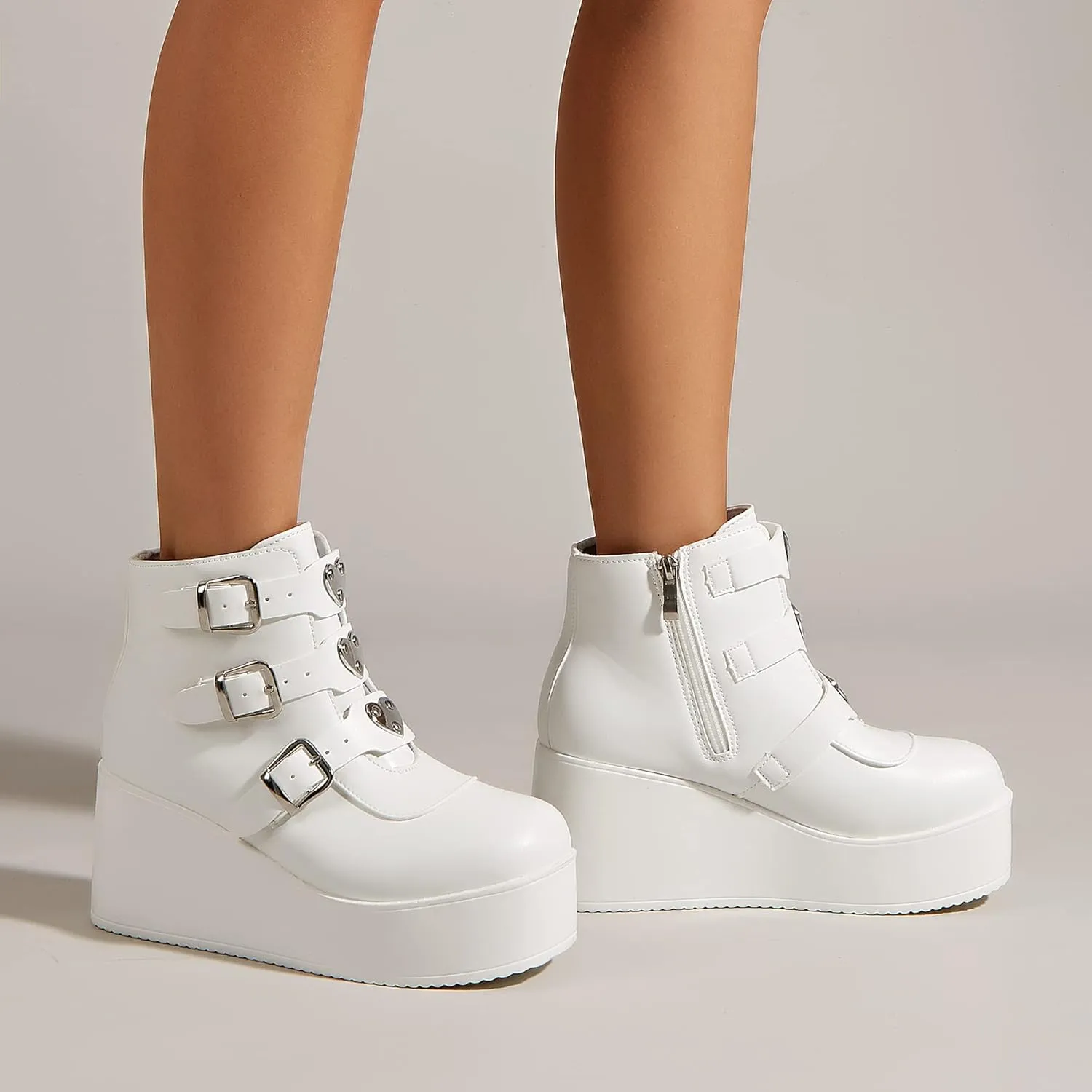 LUCKY STEP Women Platform Chunky Ankle Boots - Round Toe Zipper Wedges High Heels Rave Buckle Thick Sole Goth Booties