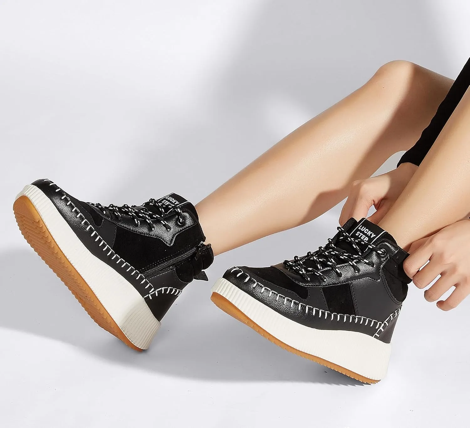 LUCKY STEP Women's Platform High Top Sneakers Fashion Zipper Woven Chunky Ankle Boots Casual Tennis Retro Braided Walking Shoes