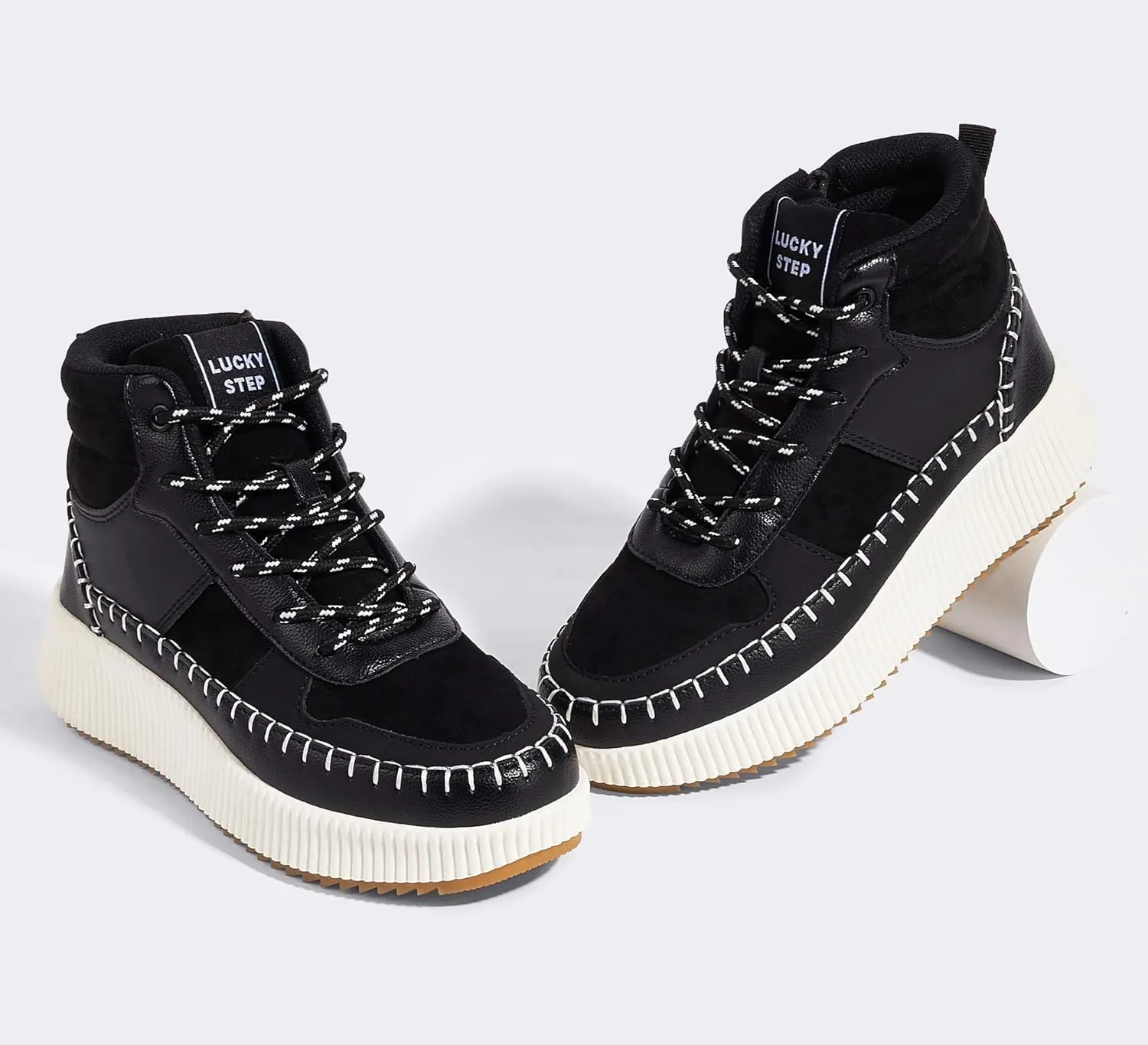 LUCKY STEP Women's Platform High Top Sneakers Fashion Zipper Woven Chunky Ankle Boots Casual Tennis Retro Braided Walking Shoes