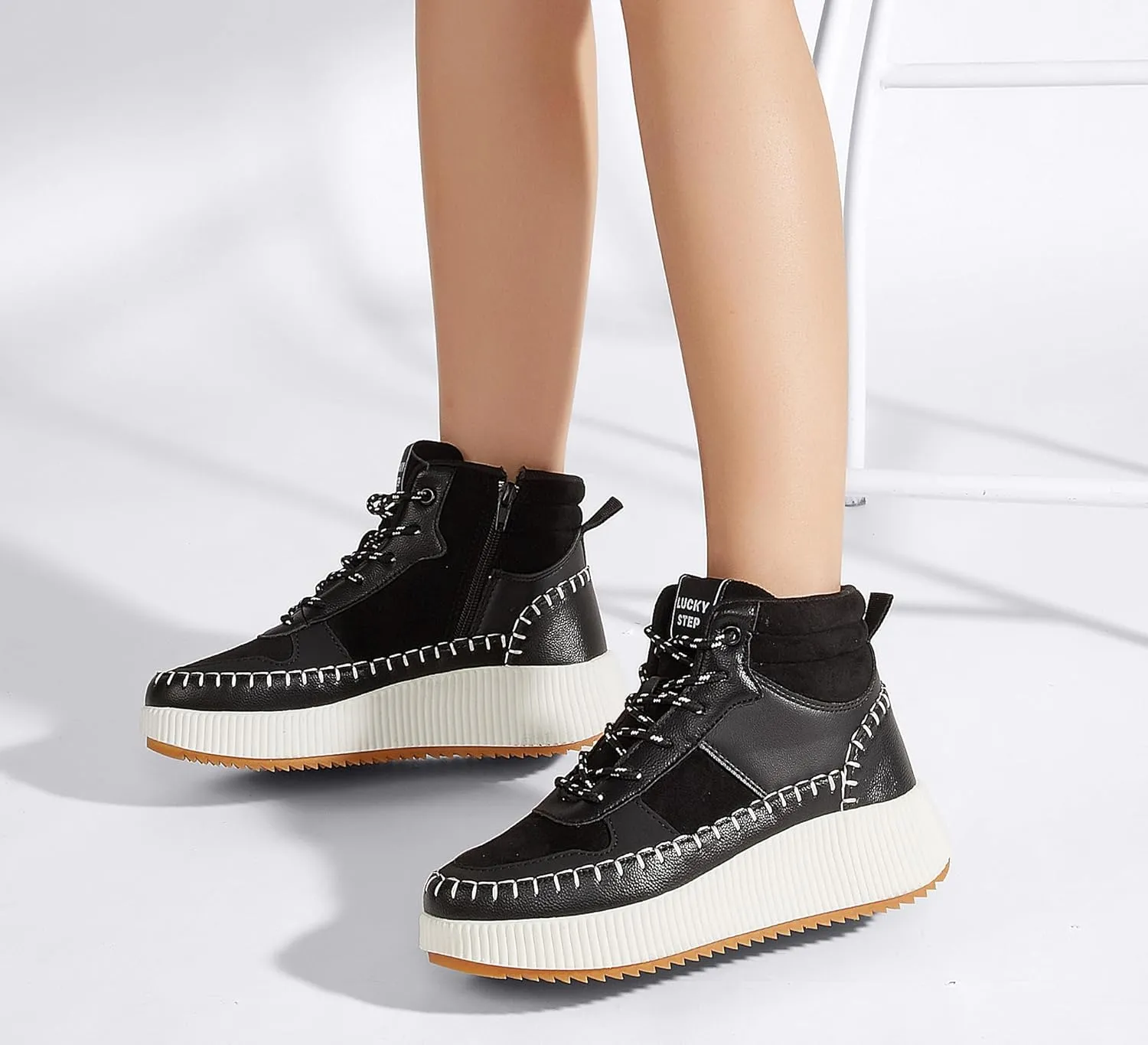 LUCKY STEP Women's Platform High Top Sneakers Fashion Zipper Woven Chunky Ankle Boots Casual Tennis Retro Braided Walking Shoes