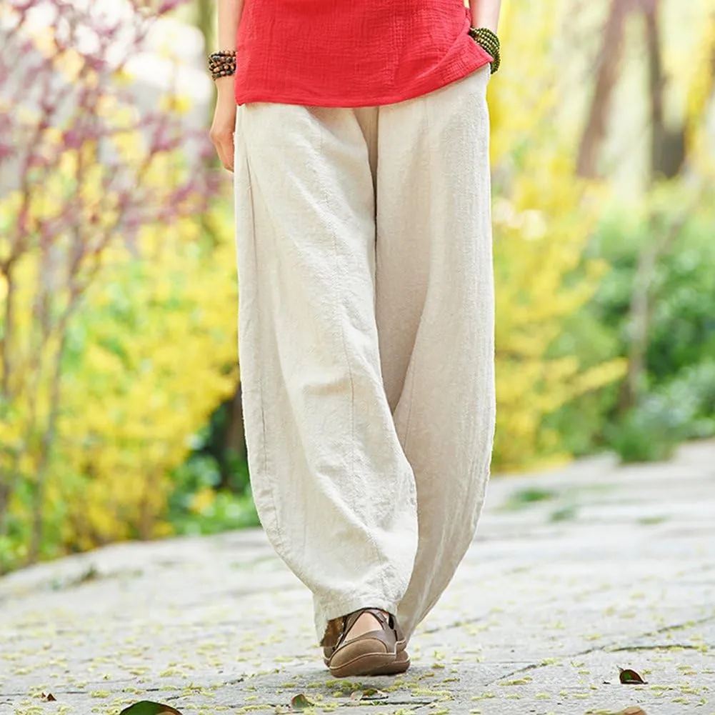 LUZU JUNU Women's Casual Linen Pants Loose Lantern Tapered Soft Elastic Waist Long Trousers with Pockets