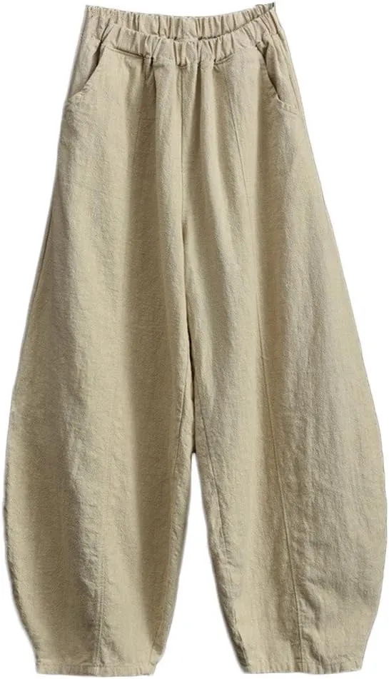 LUZU JUNU Women's Casual Linen Pants Loose Lantern Tapered Soft Elastic Waist Long Trousers with Pockets