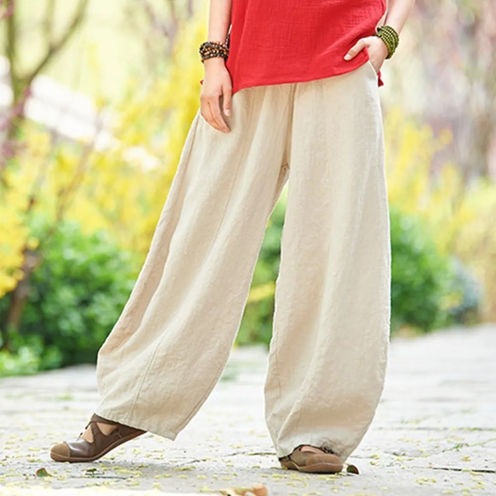 LUZU JUNU Women's Casual Linen Pants Loose Lantern Tapered Soft Elastic Waist Long Trousers with Pockets