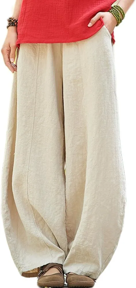 LUZU JUNU Women's Casual Linen Pants Loose Lantern Tapered Soft Elastic Waist Long Trousers with Pockets