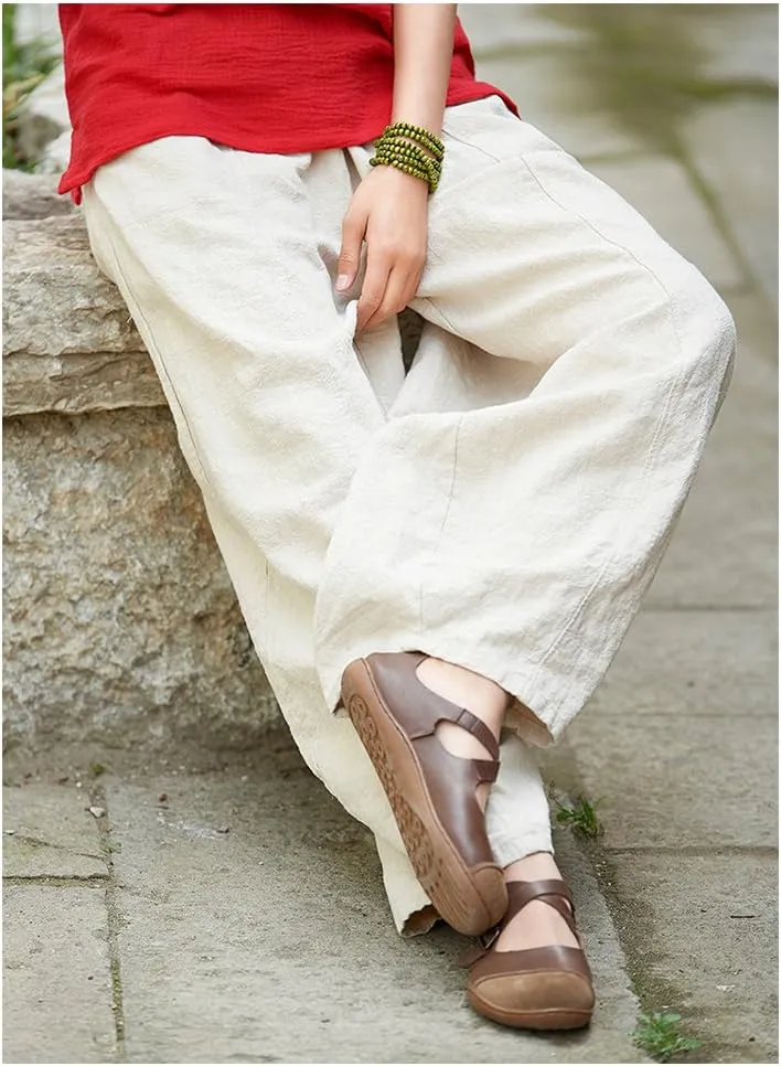 LUZU JUNU Women's Casual Linen Pants Loose Lantern Tapered Soft Elastic Waist Long Trousers with Pockets