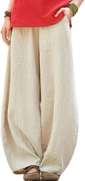 LUZU JUNU Women's Casual Linen Pants Loose Lantern Tapered Soft Elastic Waist Long Trousers with Pockets