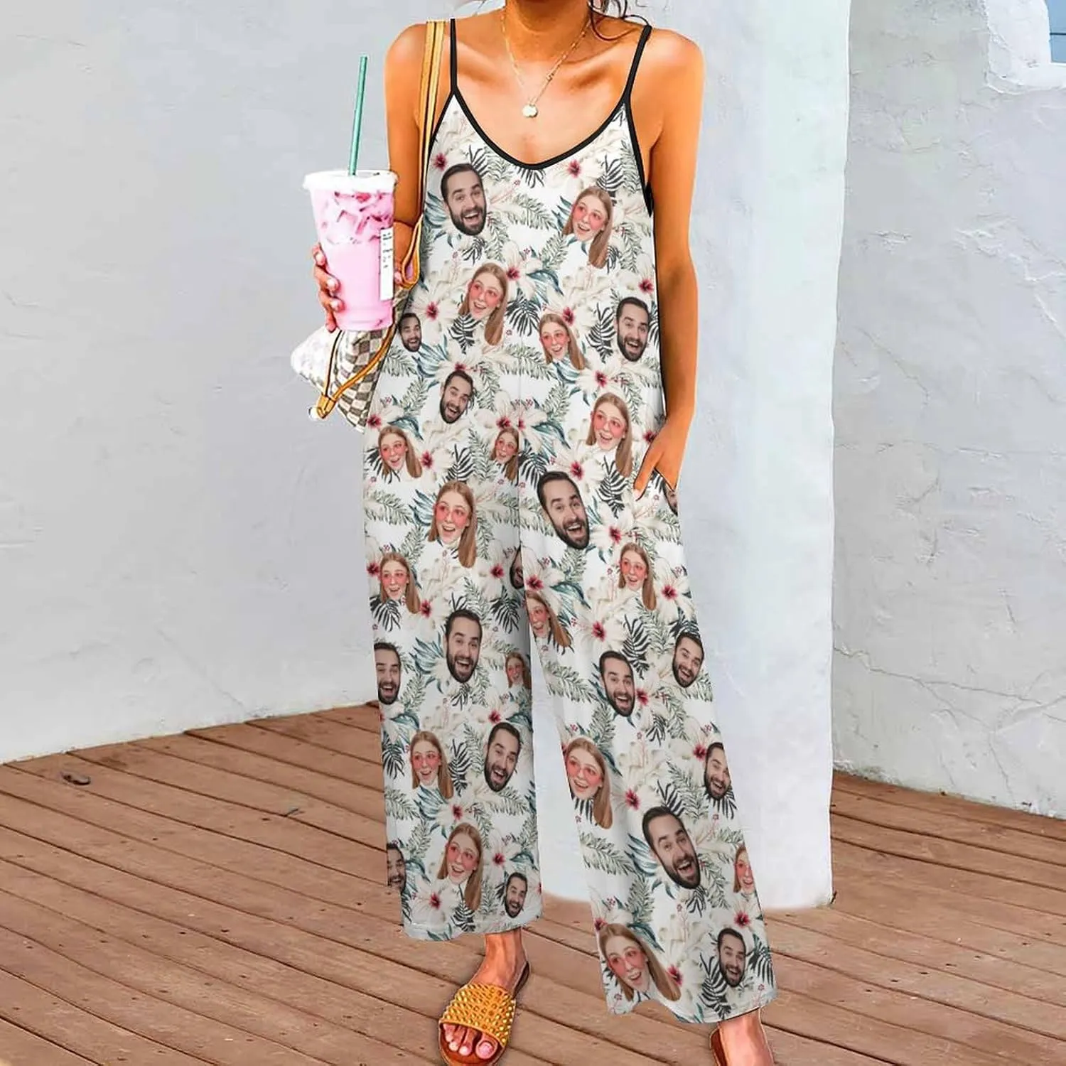 M YESCUSTOM Custom Face Jumpsuits for Women Loose Overalls One Piece Wide Leg Long Pants Rompers Personalized Gift