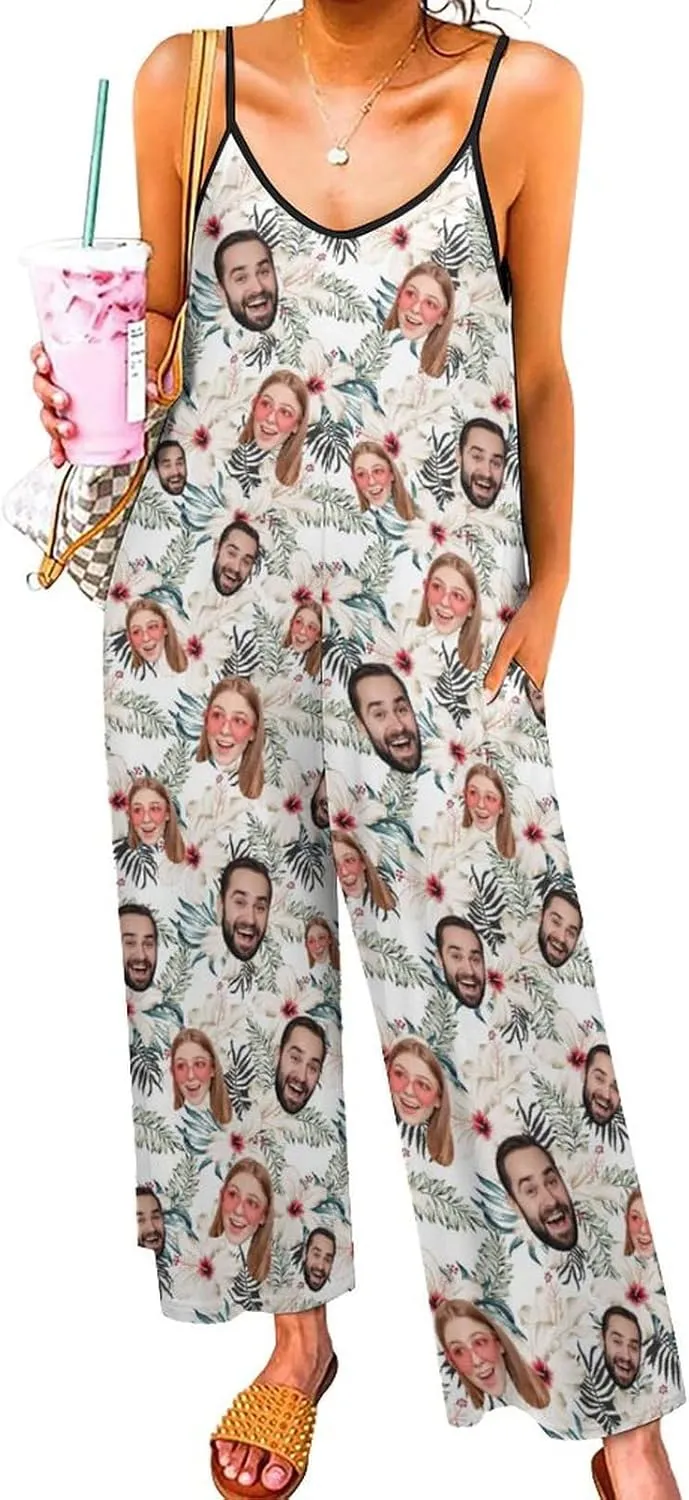 M YESCUSTOM Custom Face Jumpsuits for Women Loose Overalls One Piece Wide Leg Long Pants Rompers Personalized Gift