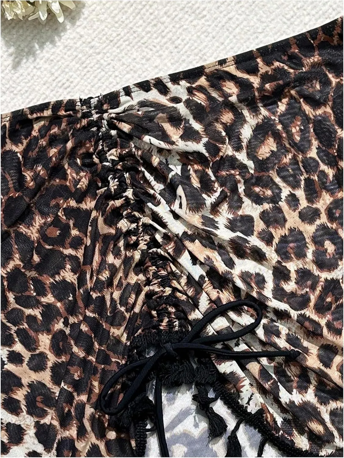 MakeMeChic Women's Leopard Print Beach Skirt Tassel Hem Mesh Sheer Ruched Knot Cover Up Skirts