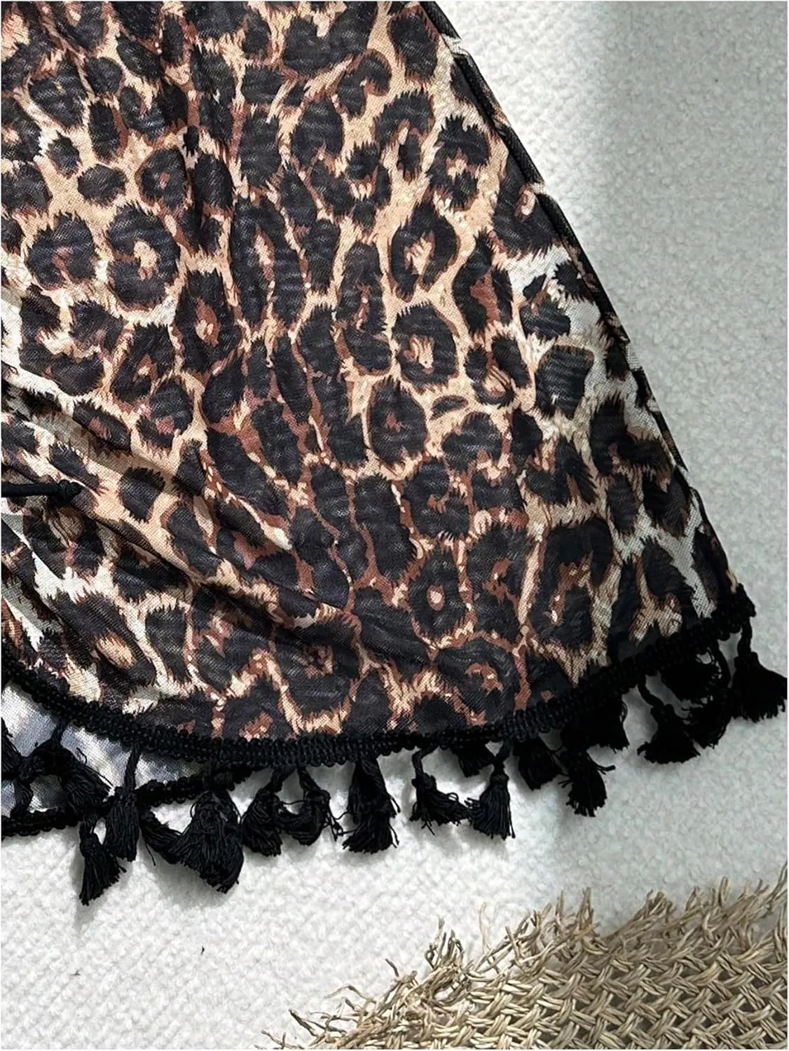 MakeMeChic Women's Leopard Print Beach Skirt Tassel Hem Mesh Sheer Ruched Knot Cover Up Skirts