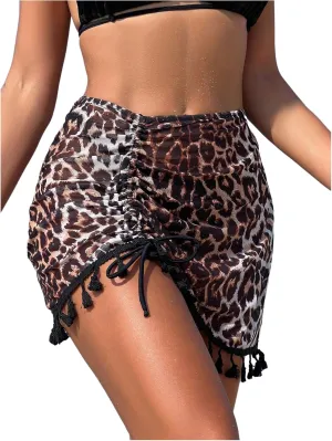 MakeMeChic Women's Leopard Print Beach Skirt Tassel Hem Mesh Sheer Ruched Knot Cover Up Skirts