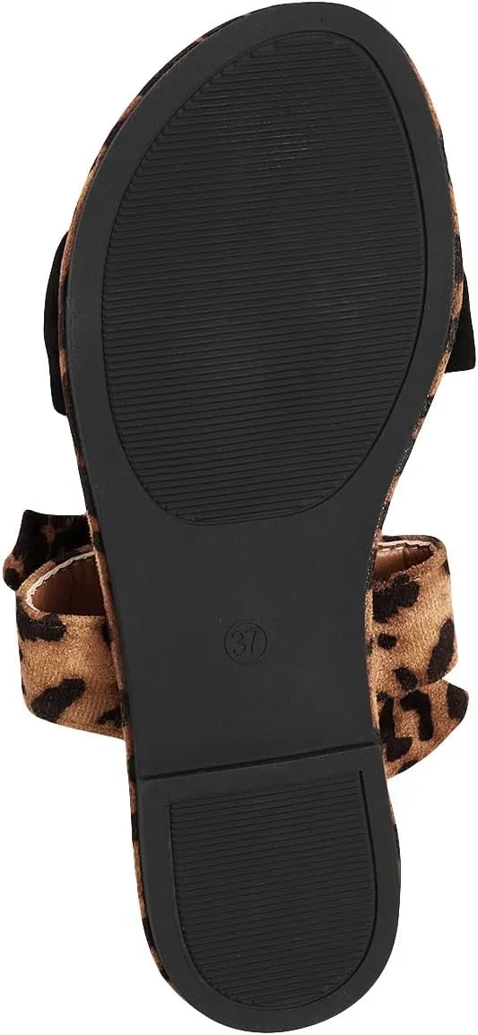 MakeMeChic Women's Leopard Print Bow Flat Sandals Double Strap Open Toe Slide Sandals