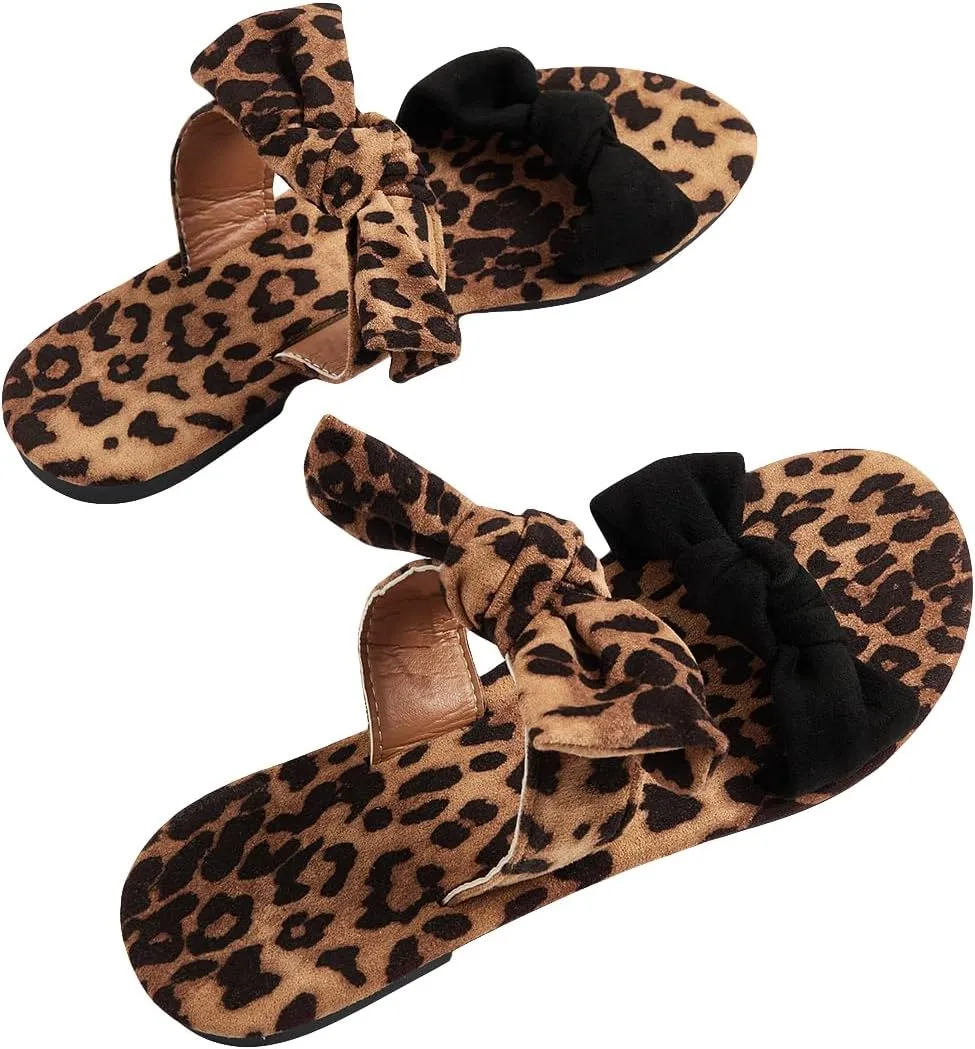 MakeMeChic Women's Leopard Print Bow Flat Sandals Double Strap Open Toe Slide Sandals