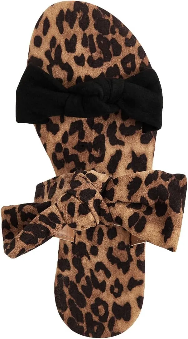 MakeMeChic Women's Leopard Print Bow Flat Sandals Double Strap Open Toe Slide Sandals