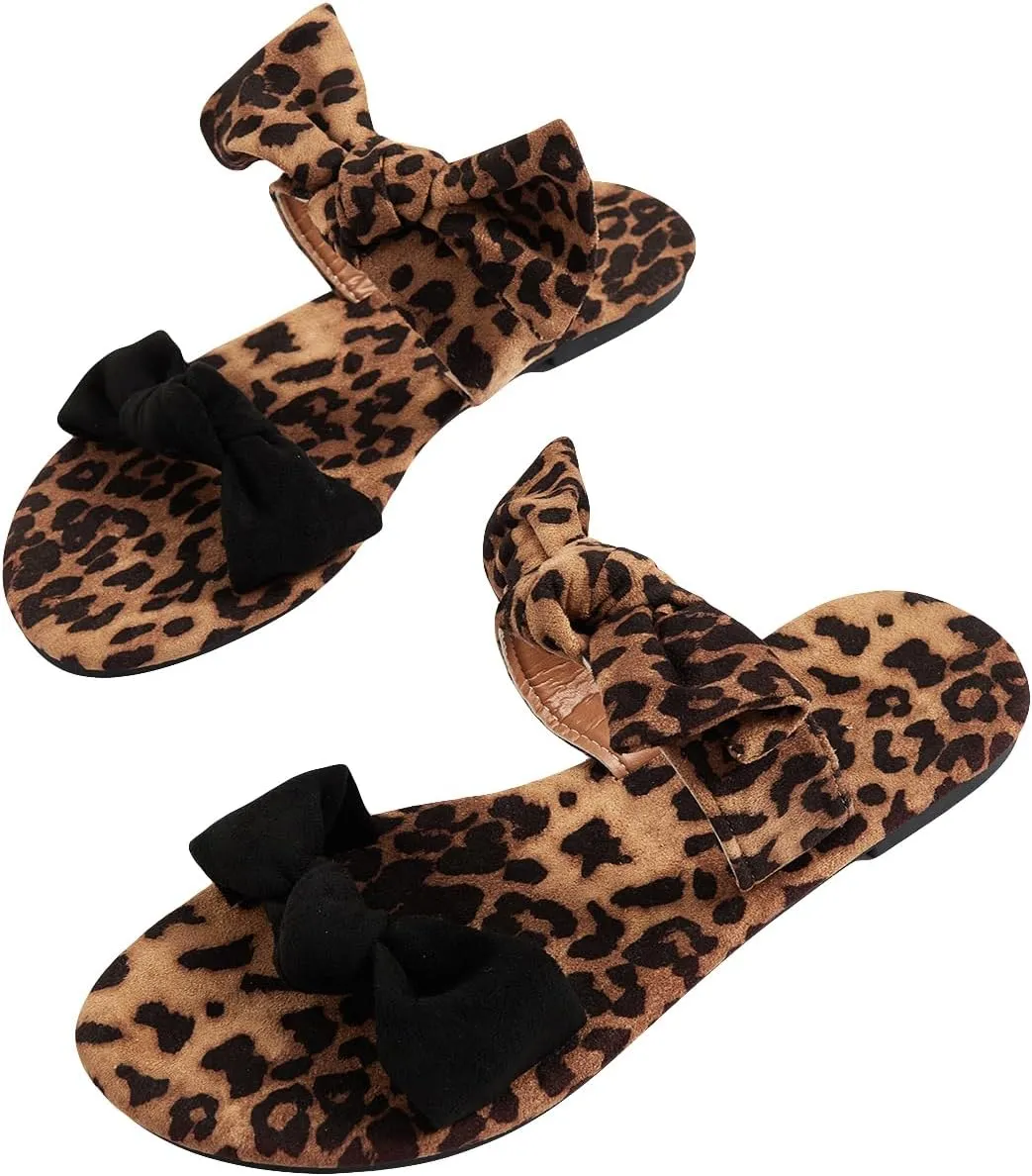MakeMeChic Women's Leopard Print Bow Flat Sandals Double Strap Open Toe Slide Sandals