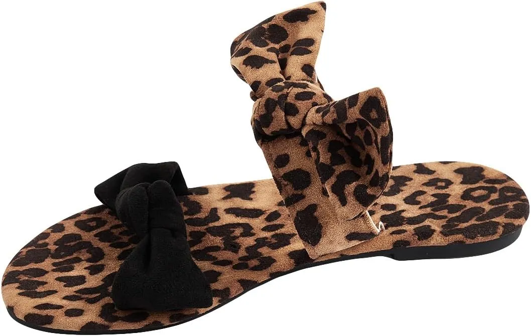 MakeMeChic Women's Leopard Print Bow Flat Sandals Double Strap Open Toe Slide Sandals