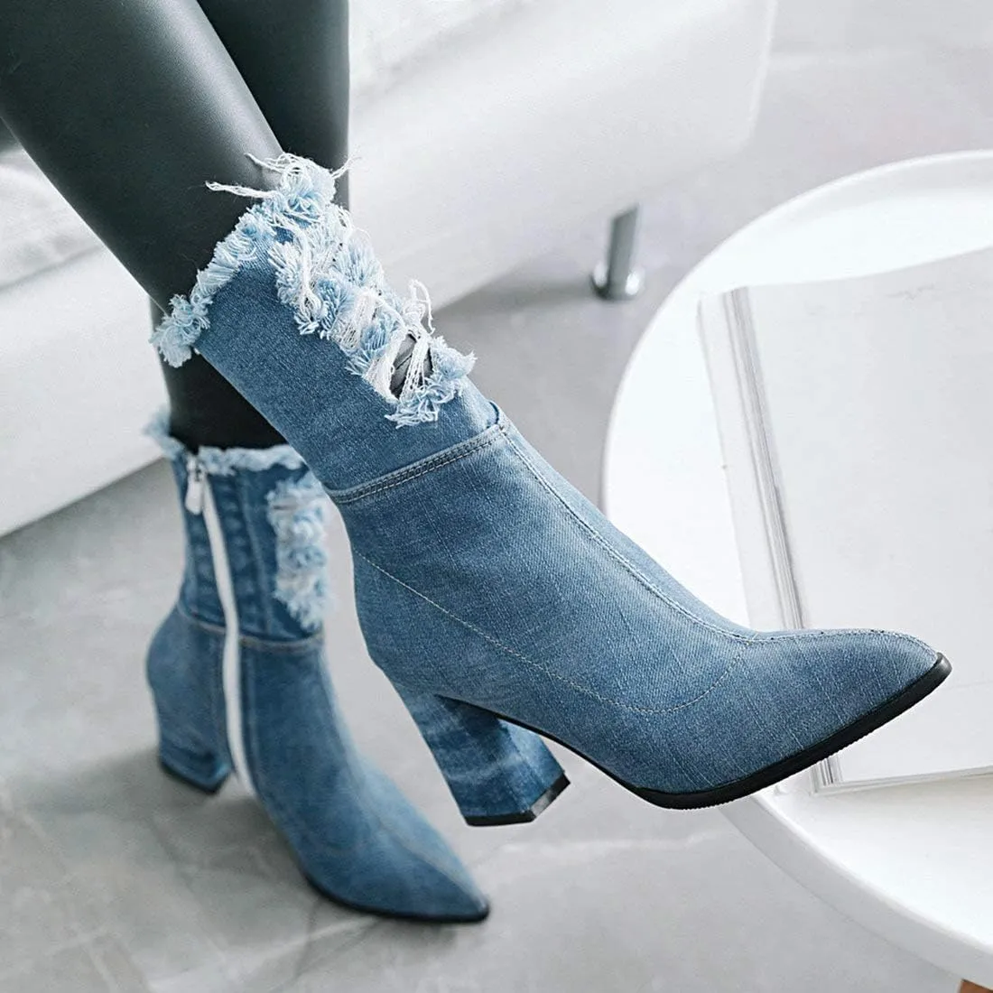MAVMAX Denim Ankle Boots for Women Pointed Toe Chunky High Heel Jeans Denim Blue Short Mid Calf Booties with Side Zipper