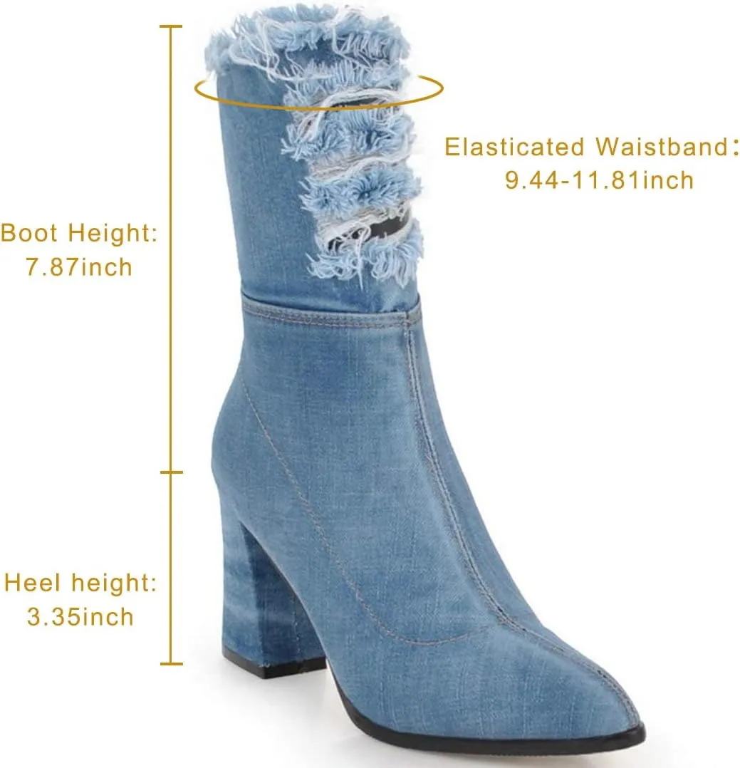 MAVMAX Denim Ankle Boots for Women Pointed Toe Chunky High Heel Jeans Denim Blue Short Mid Calf Booties with Side Zipper