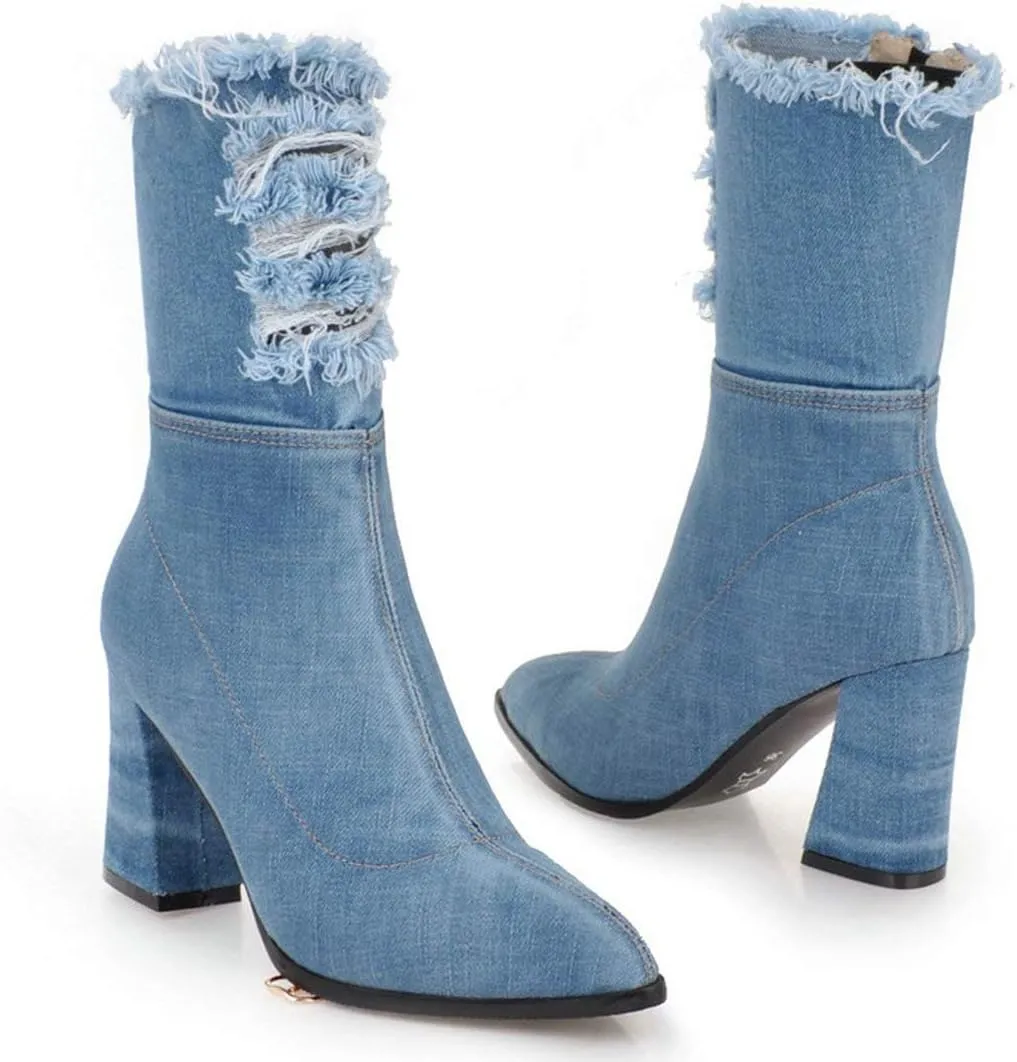 MAVMAX Denim Ankle Boots for Women Pointed Toe Chunky High Heel Jeans Denim Blue Short Mid Calf Booties with Side Zipper