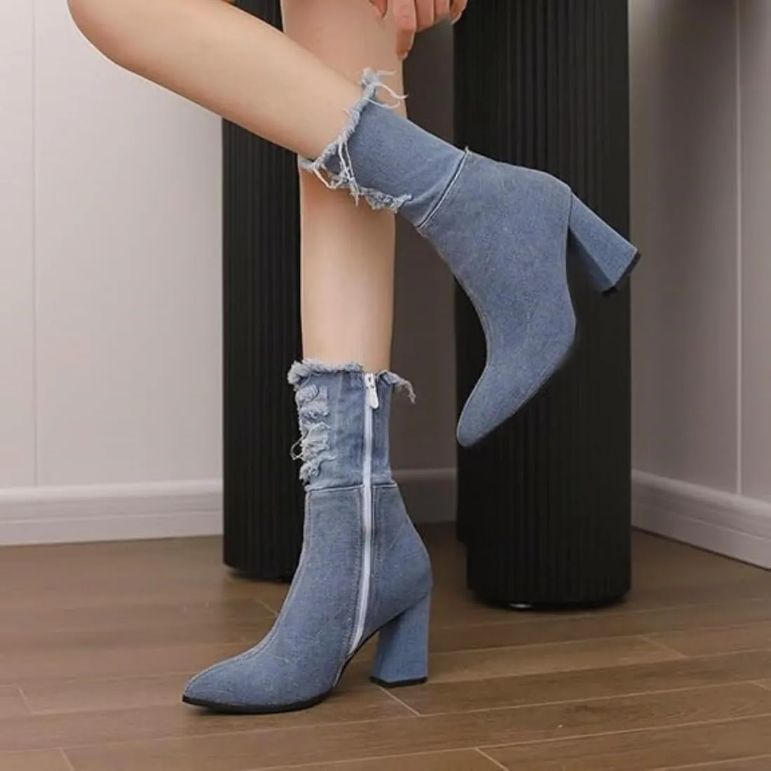 MAVMAX Denim Ankle Boots for Women Pointed Toe Chunky High Heel Jeans Denim Blue Short Mid Calf Booties with Side Zipper