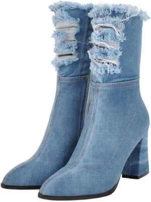 MAVMAX Denim Ankle Boots for Women Pointed Toe Chunky High Heel Jeans Denim Blue Short Mid Calf Booties with Side Zipper