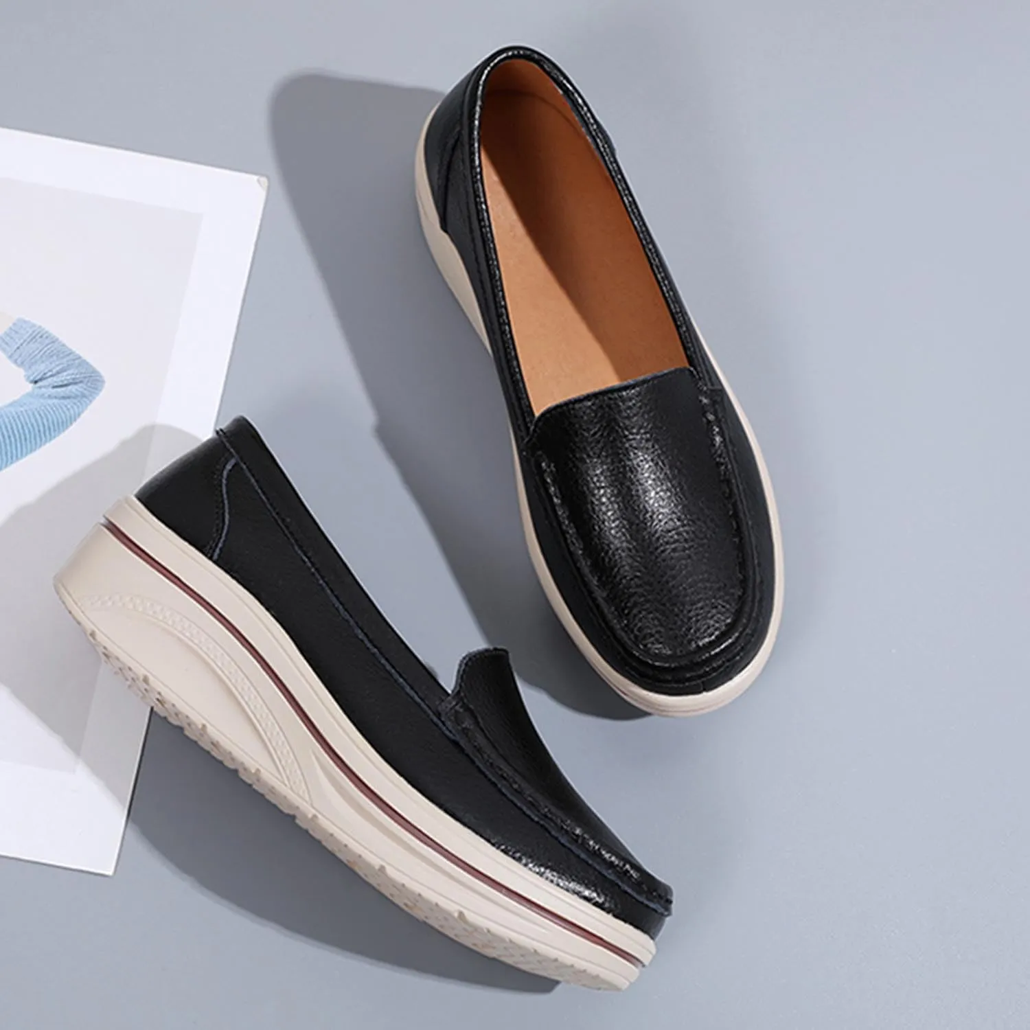 MEBAMY Women's Thick Sole Slip-On Loafers Comfortable Arch Support Casual Thick-Soled Casual Shoes Non-Slip Low-Top Loafers Shoes for Women Black