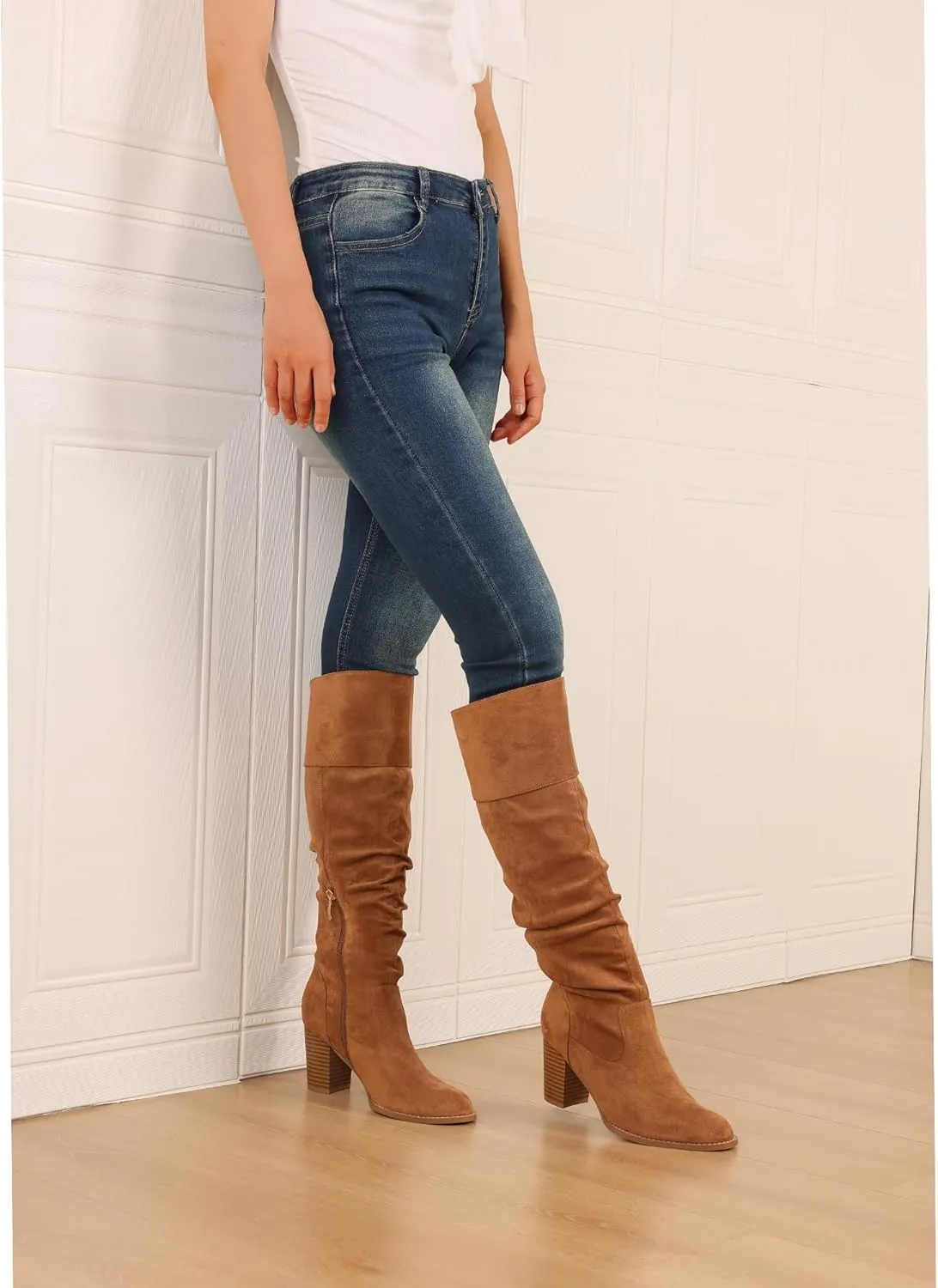 MeiLuSi Women's Slouchy Knee High Boots Suede Fall Boots Round Toe Chunky Heel Boots Warm Winter Boots Wide Calf Boots Outdoor Side Zipper