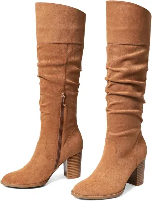 MeiLuSi Women's Slouchy Knee High Boots Suede Fall Boots Round Toe Chunky Heel Boots Warm Winter Boots Wide Calf Boots Outdoor Side Zipper