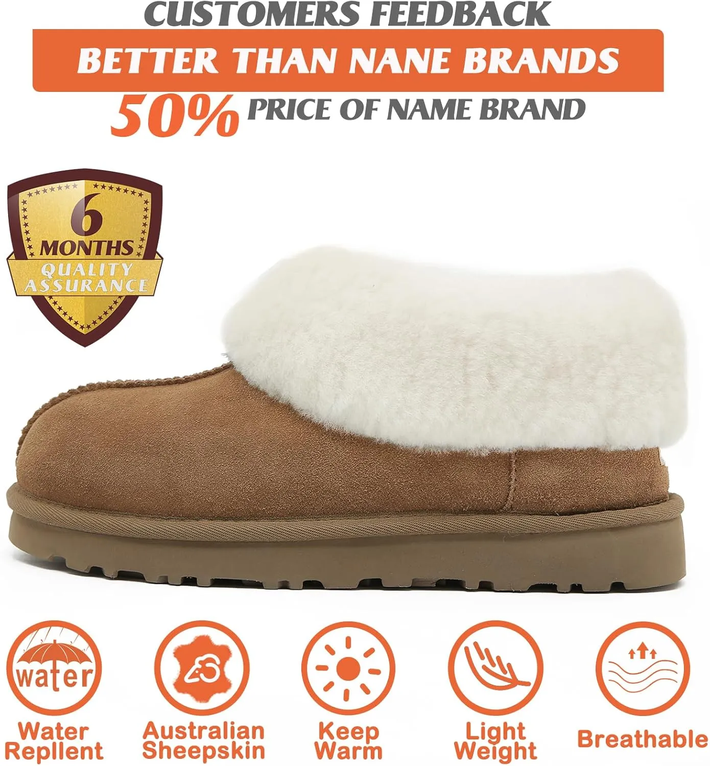 Mel&Syd 100% Australian Sheepskin Moccasin Slippers for Women/Men - Loafers Slip On Mini Boots - Lightweight Memory Foam Winter House Shoes - Comfy Shearling Snow Boots for Cold with Fluffy Collar