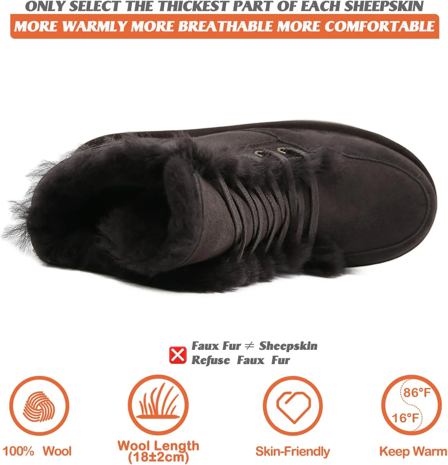 Mel&Syd 100% Sheepskin Snow Boots for Womens Mens Waterproof Mid Calf Flat Slip On Combat Boots Wool Shearling Leather Classic Lace up/Hook Adjustable Buckle Fur Boots Winter Shoes Booties