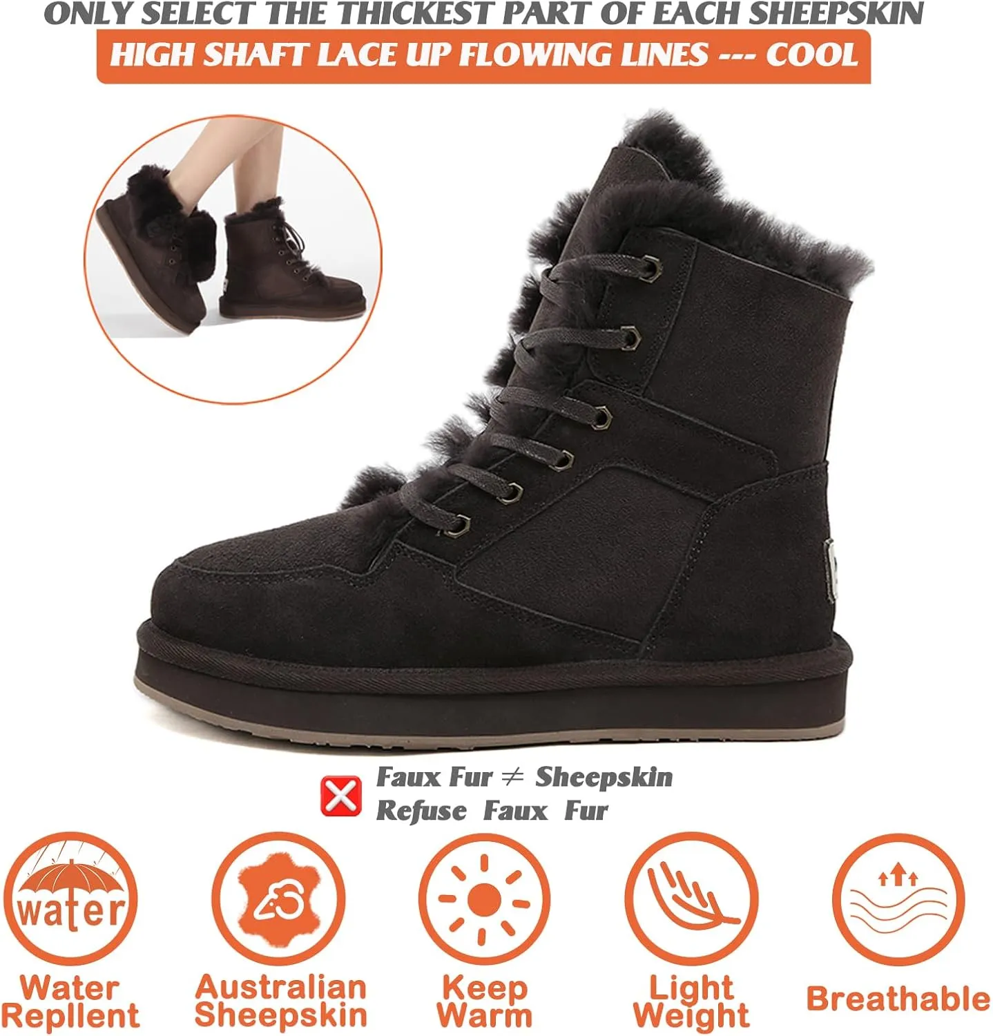Mel&Syd 100% Sheepskin Snow Boots for Womens Mens Waterproof Mid Calf Flat Slip On Combat Boots Wool Shearling Leather Classic Lace up/Hook Adjustable Buckle Fur Boots Winter Shoes Booties