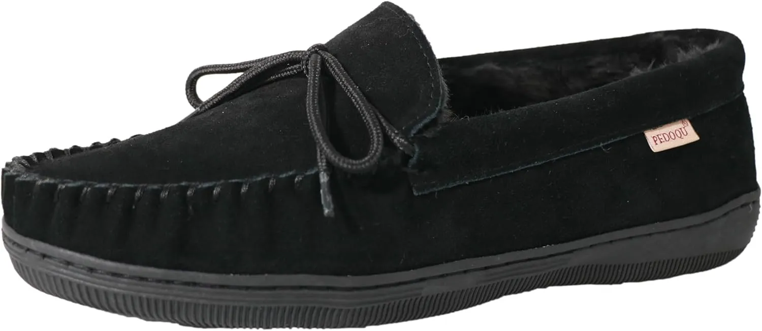 Men Moccasins Slipper Genuine Suede Upper Faux Fur Lining Memory Foam Rubber Soles Indoor Outdoor House Slipper