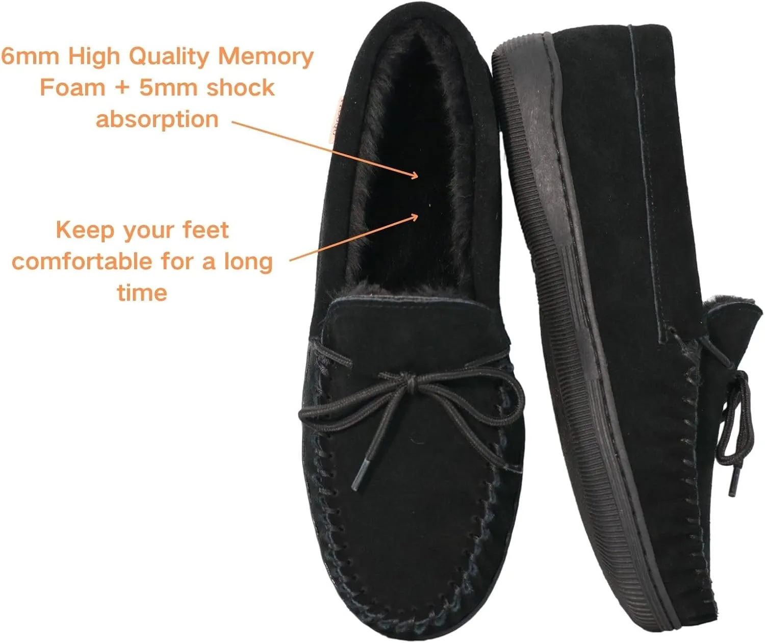Men Moccasins Slipper Genuine Suede Upper Faux Fur Lining Memory Foam Rubber Soles Indoor Outdoor House Slipper