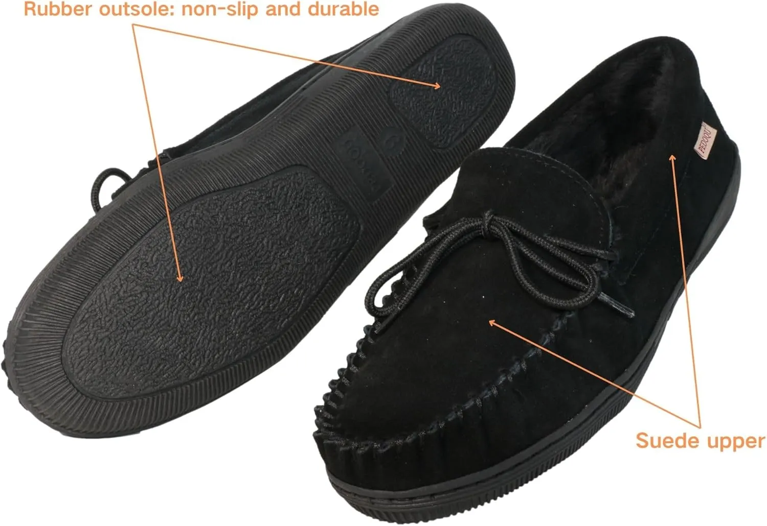 Men Moccasins Slipper Genuine Suede Upper Faux Fur Lining Memory Foam Rubber Soles Indoor Outdoor House Slipper