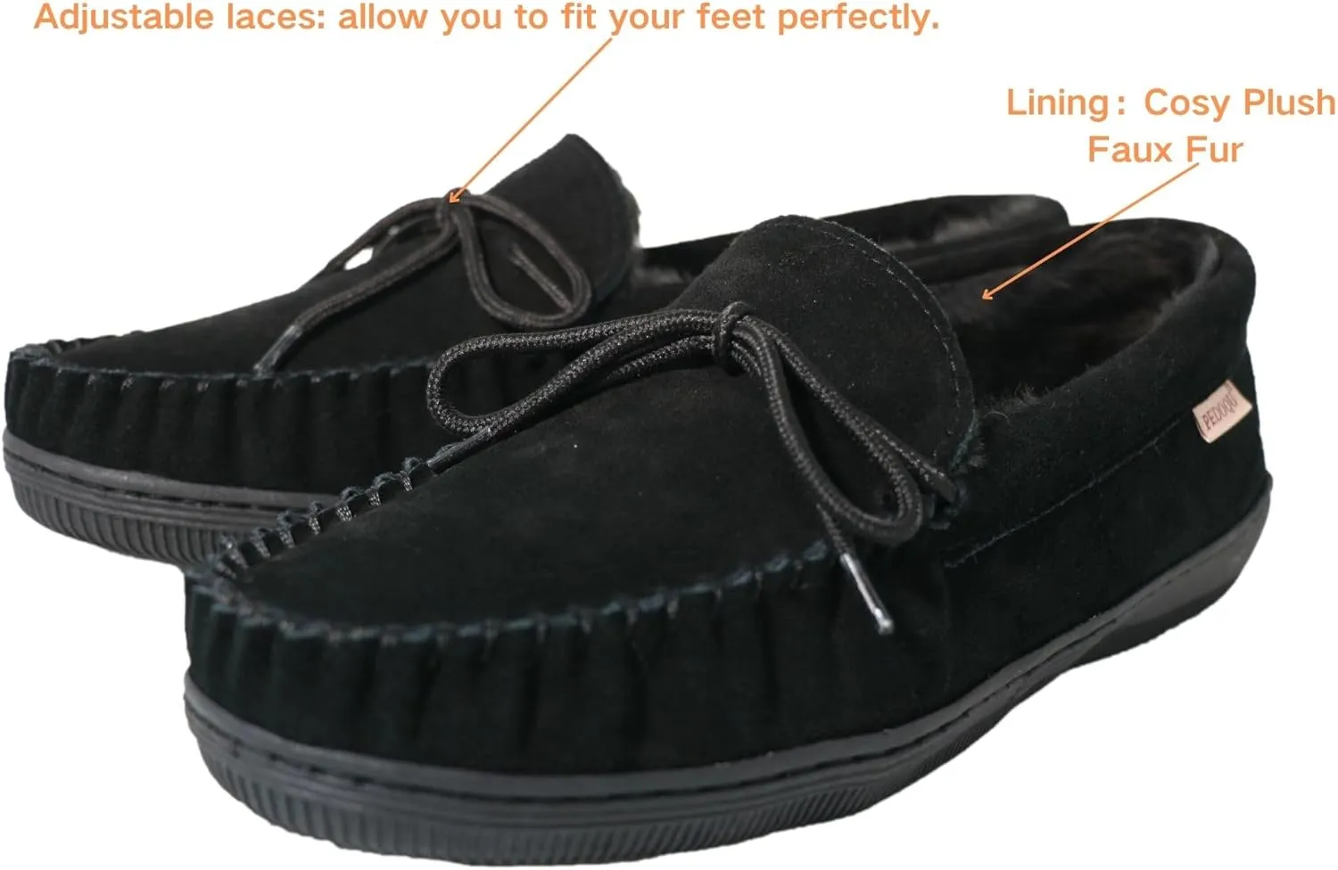 Men Moccasins Slipper Genuine Suede Upper Faux Fur Lining Memory Foam Rubber Soles Indoor Outdoor House Slipper