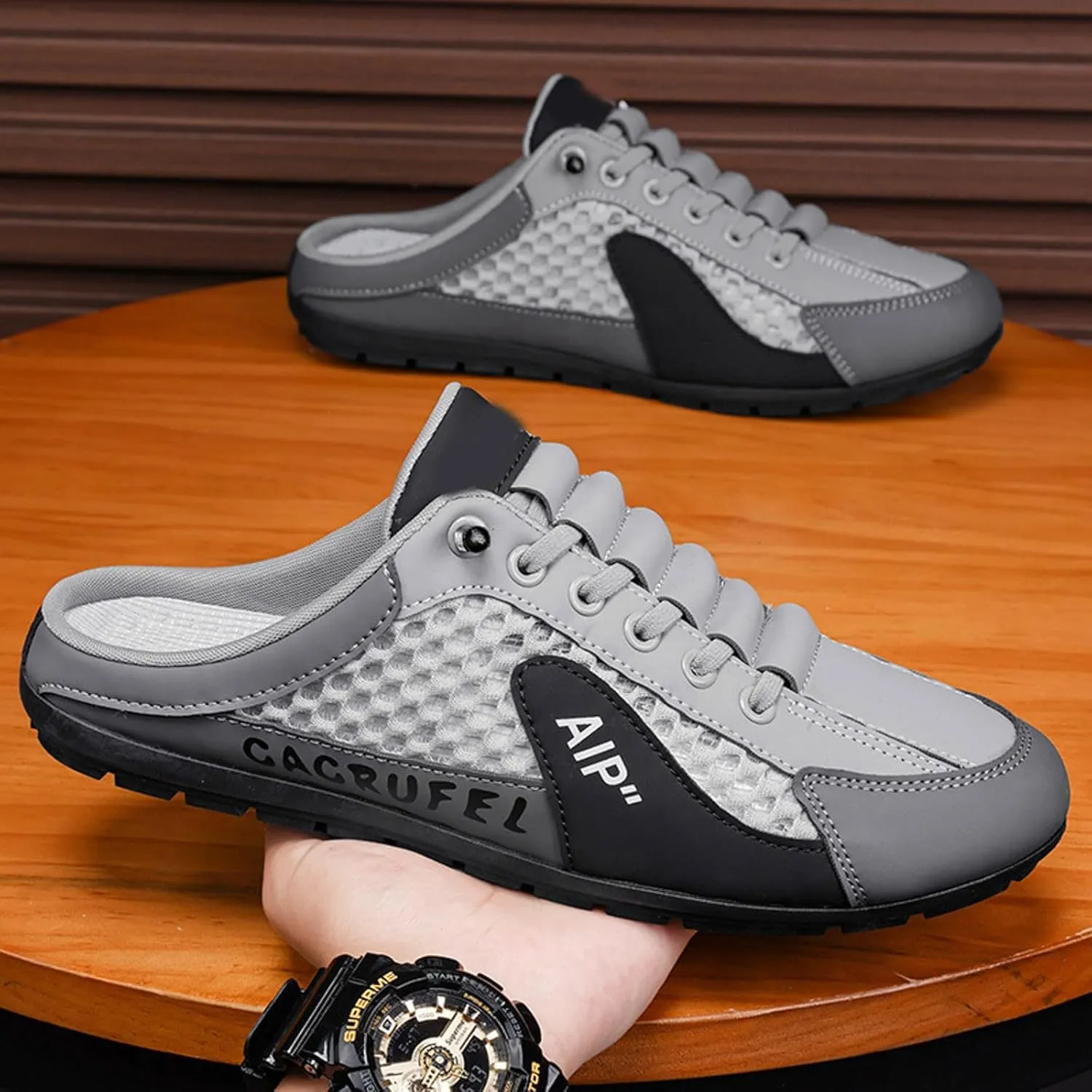 Men's Breathable Mesh Slippers Fashion Versatile Casual Shoes Lightweight Comfort Half Cap Toe Hiking Slippers