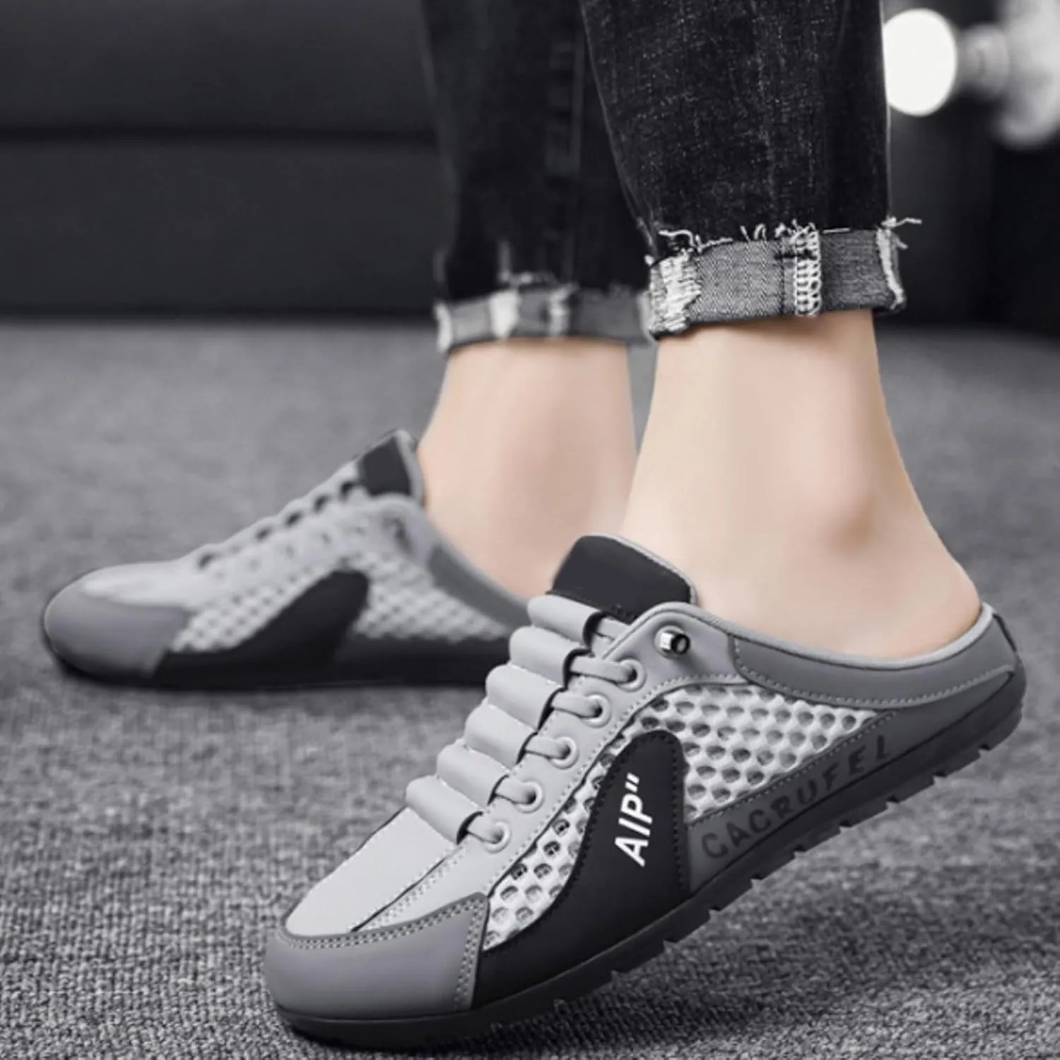 Men's Breathable Mesh Slippers Fashion Versatile Casual Shoes Lightweight Comfort Half Cap Toe Hiking Slippers