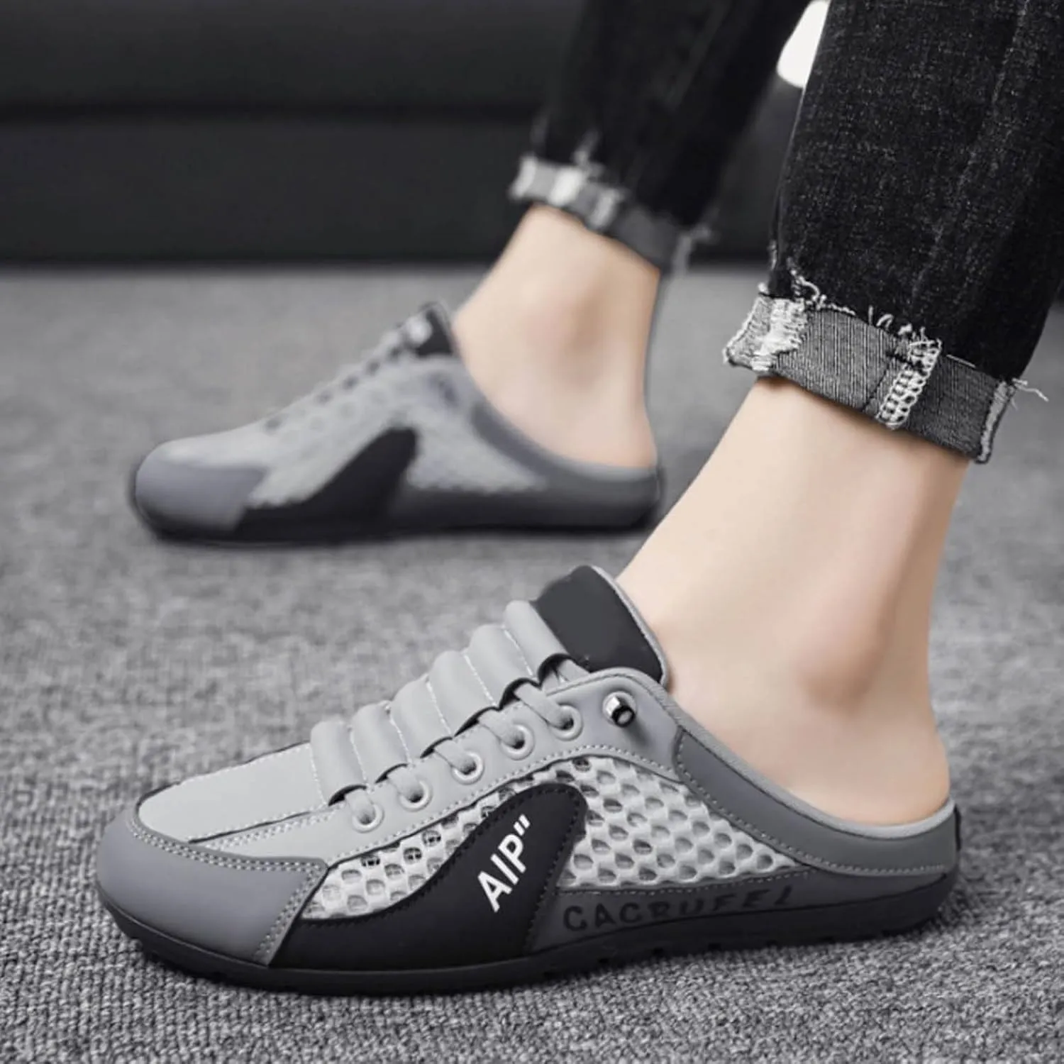 Men's Breathable Mesh Slippers Fashion Versatile Casual Shoes Lightweight Comfort Half Cap Toe Hiking Slippers