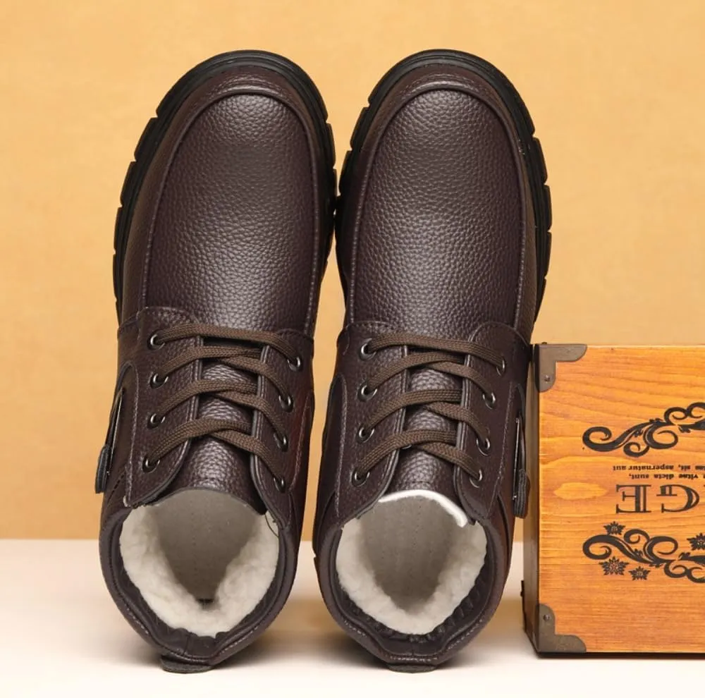 Men's Casual Dress Boots, Warm Thick Sole Lace-up Snow Boots for Men, PU Lining & Sheepskin Suede, Winter Boots for Business & Daily Wear, Trendy Mid-calf Boots for Men