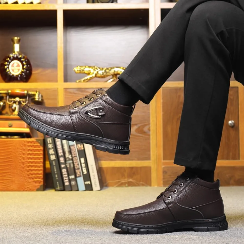 Men's Casual Dress Boots, Warm Thick Sole Lace-up Snow Boots for Men, PU Lining & Sheepskin Suede, Winter Boots for Business & Daily Wear, Trendy Mid-calf Boots for Men