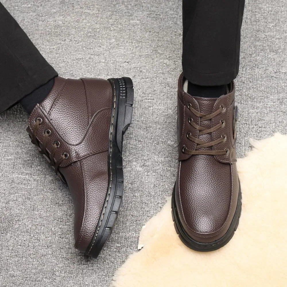 Men's Casual Dress Boots, Warm Thick Sole Lace-up Snow Boots for Men, PU Lining & Sheepskin Suede, Winter Boots for Business & Daily Wear, Trendy Mid-calf Boots for Men